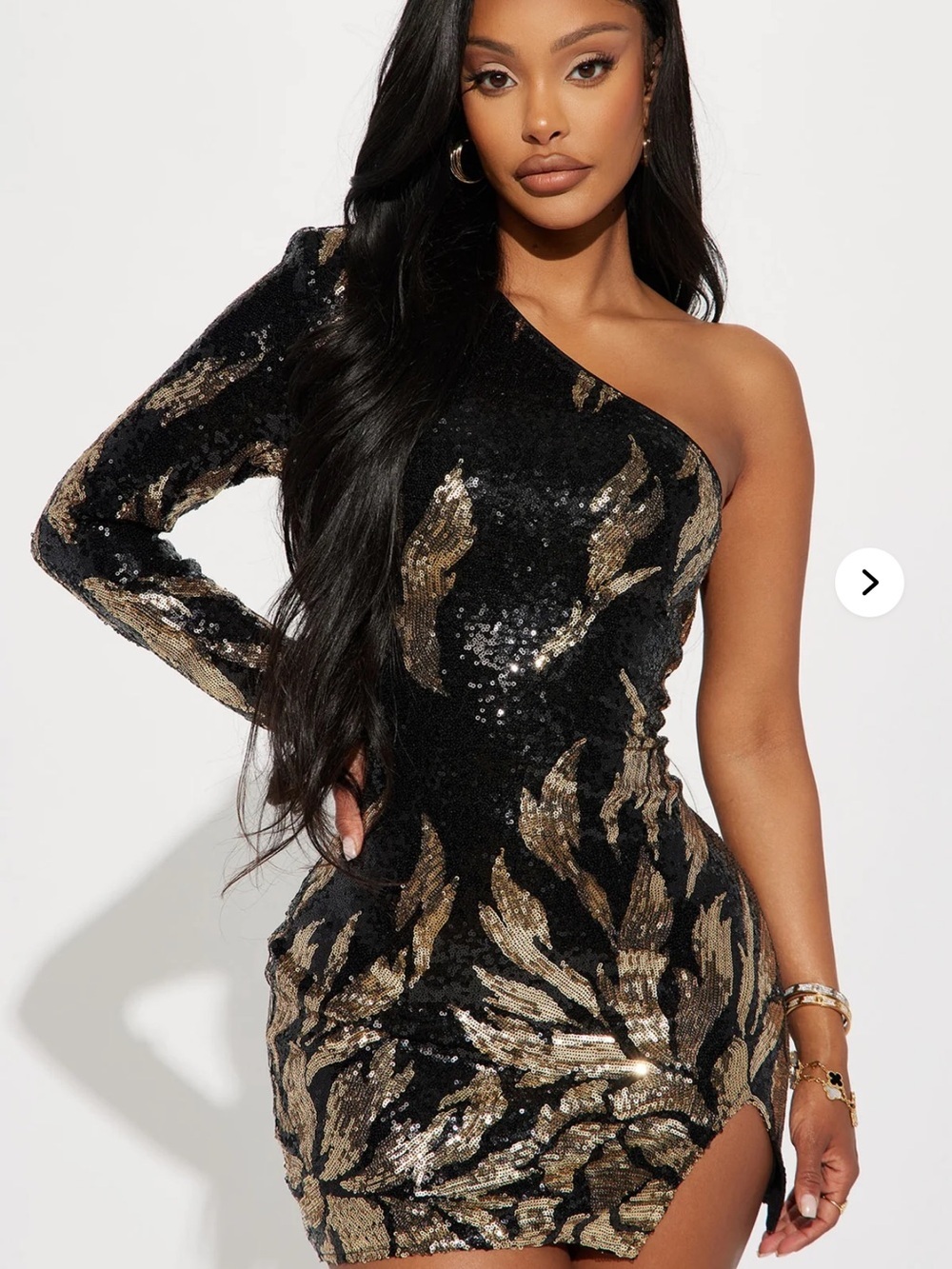 On Fire One-Shoulder Black & Gold Sequin Mini Dress
